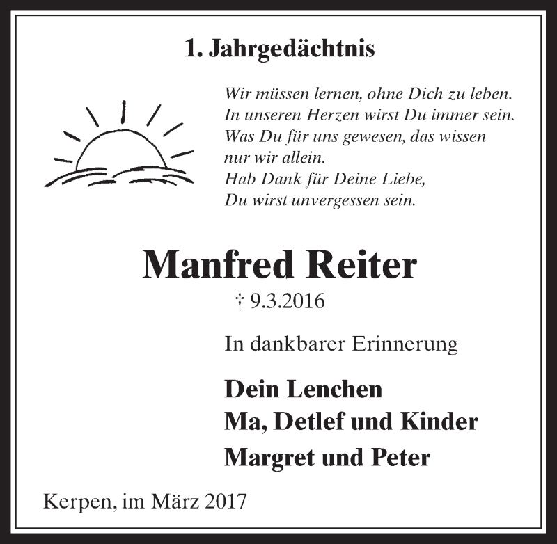  Traueranzeige für Manfred Reiter vom 11.03.2017 aus  Sonntags-Post 