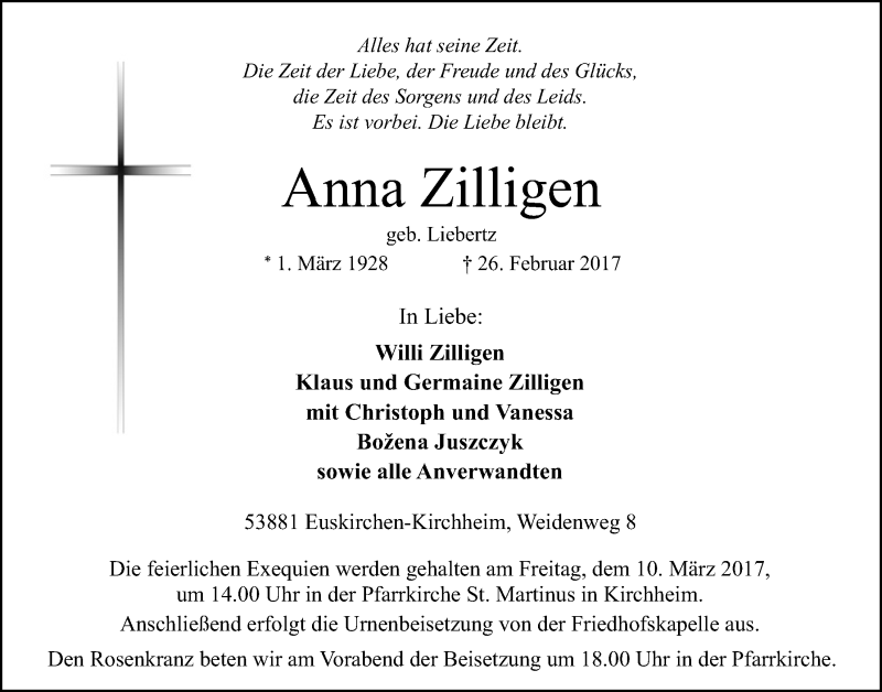 Traueranzeige für Anna Zilligen vom 04.03.2017 aus  Blickpunkt Euskirchen 