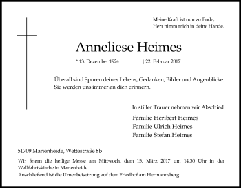Anzeige von Anneliese Heimes von Kölner Stadt-Anzeiger / Kölnische Rundschau / Express