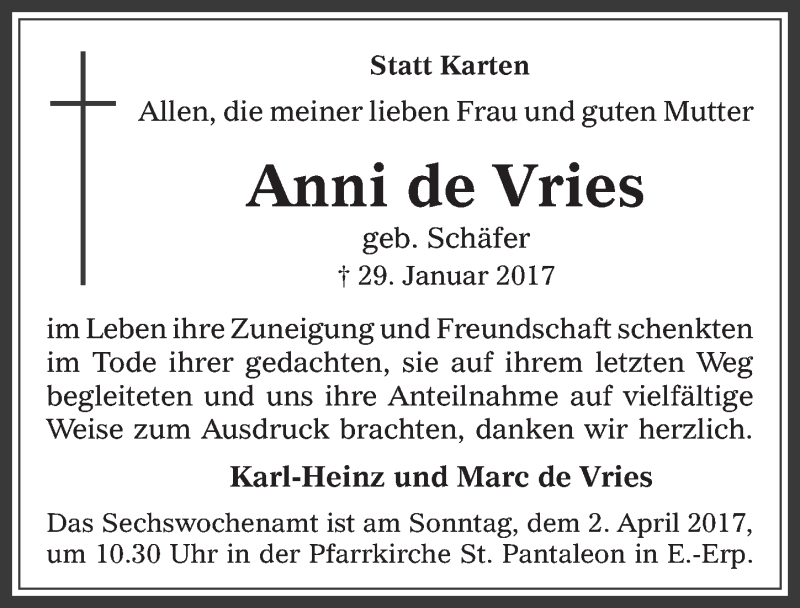  Traueranzeige für Anni de Vries vom 22.03.2017 aus  Werbepost 