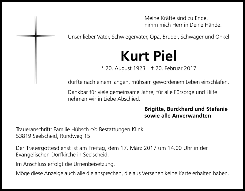  Traueranzeige für Kurt Piel vom 13.03.2017 aus Kölner Stadt-Anzeiger / Kölnische Rundschau / Express