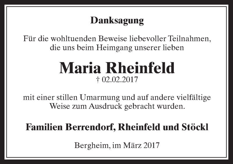  Traueranzeige für Maria Rheinfeld vom 08.03.2017 aus  Werbepost 