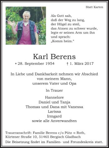Anzeige von Karl Berens von  Bergisches Handelsblatt 