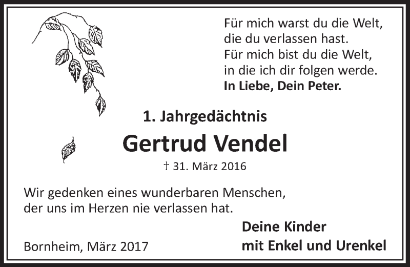  Traueranzeige für Gertrud Vendel vom 29.03.2017 aus  Schlossbote/Werbekurier 