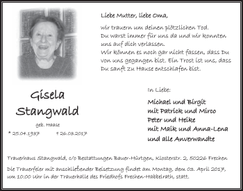 Anzeige von Gisela Stangwald von  Sonntags-Post 