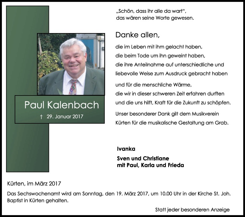  Traueranzeige für Paul Kalenbach vom 11.03.2017 aus Kölner Stadt-Anzeiger / Kölnische Rundschau / Express
