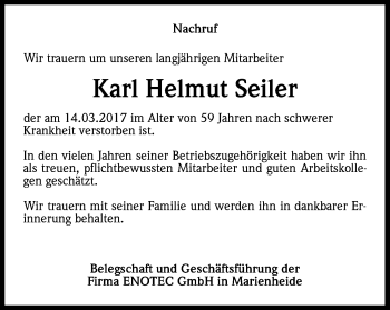Anzeige von Karl Helmut Seiler von Kölner Stadt-Anzeiger / Kölnische Rundschau / Express