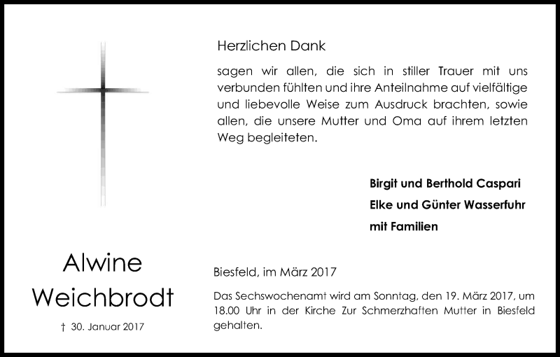  Traueranzeige für Alwine Weichbrodt vom 11.03.2017 aus Kölner Stadt-Anzeiger / Kölnische Rundschau / Express