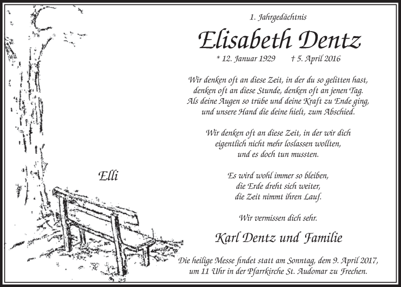  Traueranzeige für Elisabeth Dentz vom 01.04.2017 aus  Sonntags-Post 
