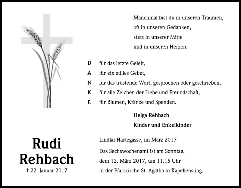 Traueranzeige für Rudi Rehbach vom 04.03.2017 aus Kölner Stadt-Anzeiger / Kölnische Rundschau / Express