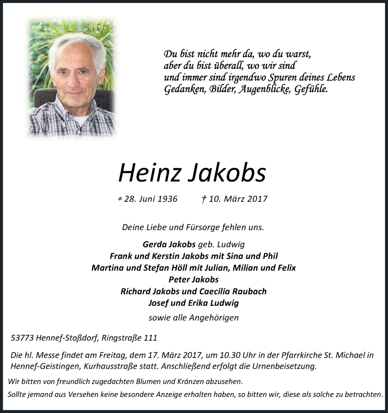  Traueranzeige für Heinz Jakobs vom 14.03.2017 aus Kölner Stadt-Anzeiger / Kölnische Rundschau / Express