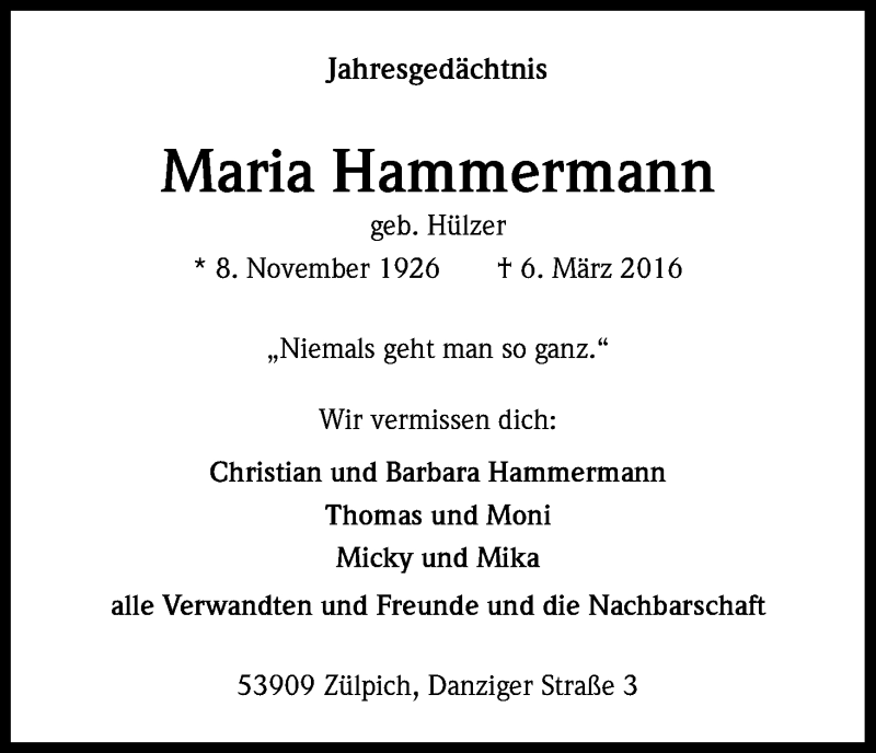  Traueranzeige für Maria Hammermann vom 06.03.2017 aus Kölner Stadt-Anzeiger / Kölnische Rundschau / Express
