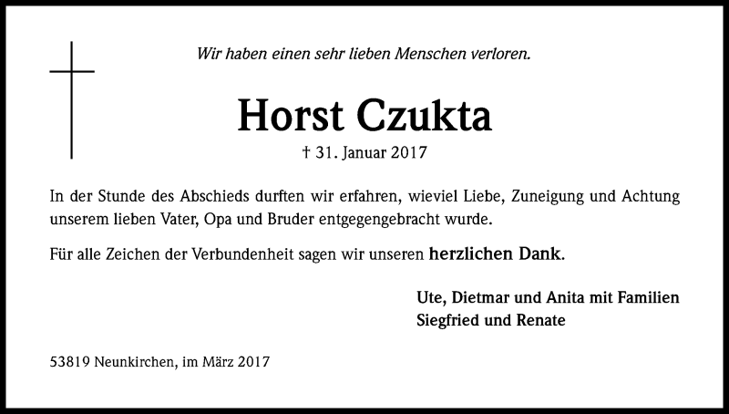  Traueranzeige für Horst Czukta vom 10.03.2017 aus Kölner Stadt-Anzeiger / Kölnische Rundschau / Express