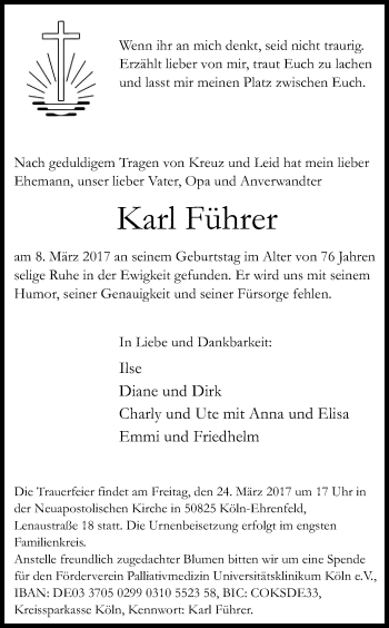Anzeige von Karl Führer von Kölner Stadt-Anzeiger / Kölnische Rundschau / Express
