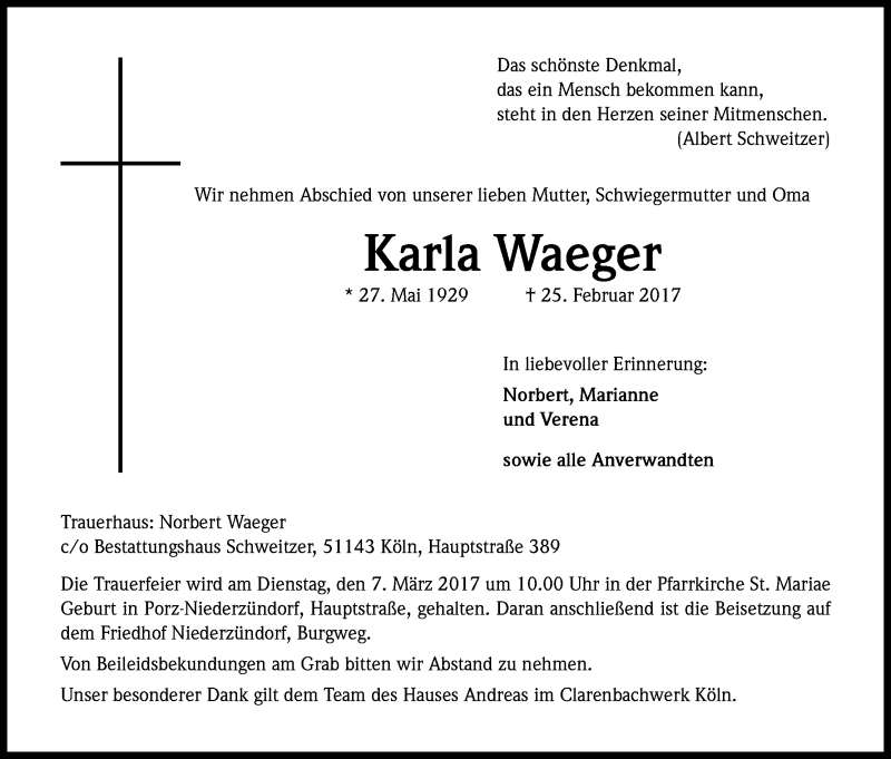  Traueranzeige für Karla Waeger vom 04.03.2017 aus Kölner Stadt-Anzeiger / Kölnische Rundschau / Express