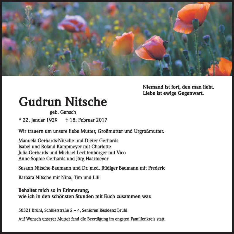  Traueranzeige für Gudrun Nitsche vom 08.03.2017 aus  Schlossbote/Werbekurier 