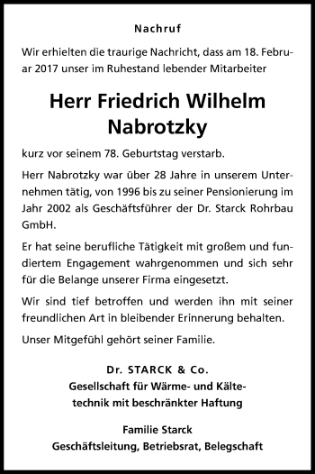Anzeige von Friedrich Wilhelm Nabrotzky von Kölner Stadt-Anzeiger / Kölnische Rundschau / Express