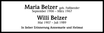 Anzeige von Maria und Willi Belzer von Kölner Stadt-Anzeiger / Kölnische Rundschau / Express