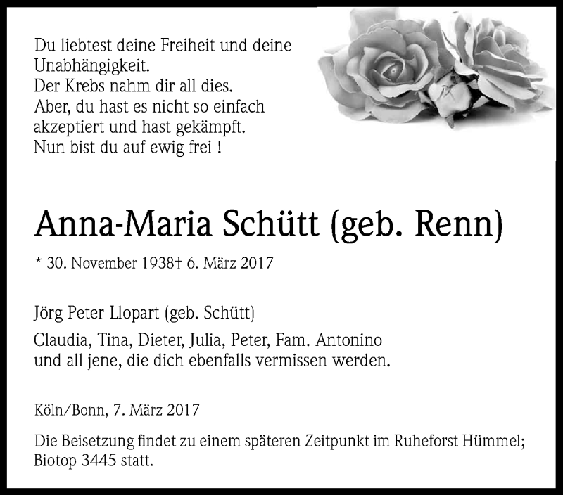  Traueranzeige für Anna-Maria Schütt vom 11.03.2017 aus Kölner Stadt-Anzeiger / Kölnische Rundschau / Express