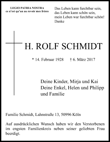 Anzeige von Rolf Schmidt von Kölner Stadt-Anzeiger / Kölnische Rundschau / Express