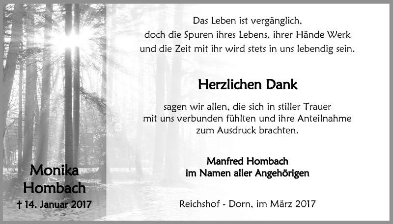  Traueranzeige für Monika Hombach vom 08.03.2017 aus  Anzeigen Echo 