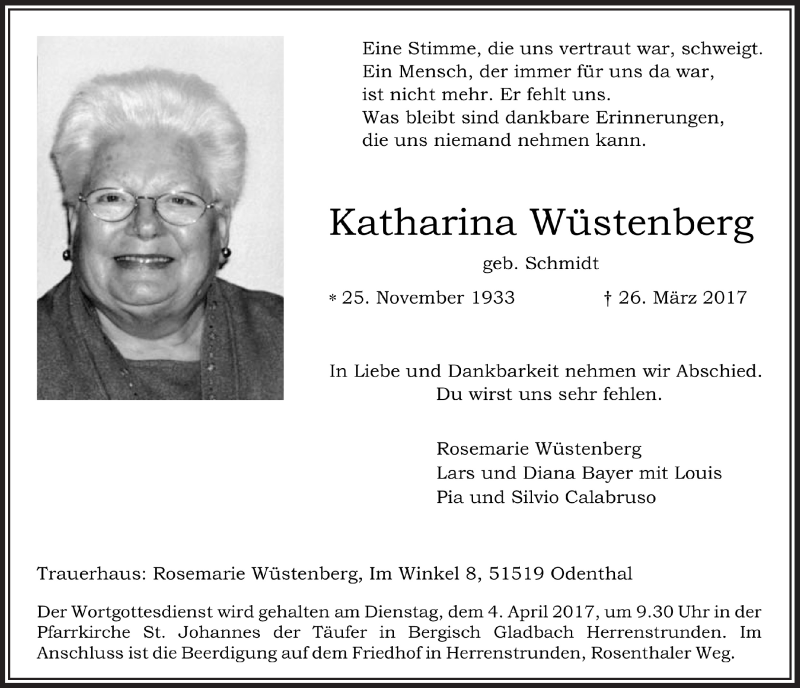  Traueranzeige für Katharina Wüstenberg vom 01.04.2017 aus  Bergisches Sonntagsblatt 
