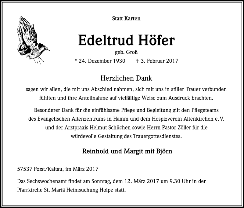  Traueranzeige für Edeltrud Höfer vom 11.03.2017 aus Kölner Stadt-Anzeiger / Kölnische Rundschau / Express