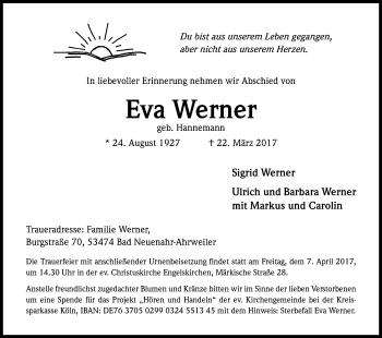 Anzeige von Eva Werner von Kölner Stadt-Anzeiger / Kölnische Rundschau / Express