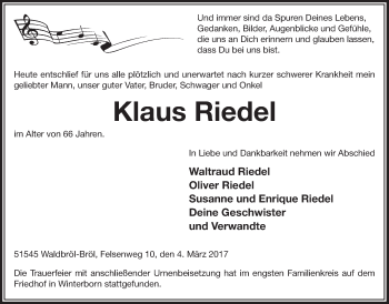 Anzeige von Klaus Riedel von  Lokalanzeiger 