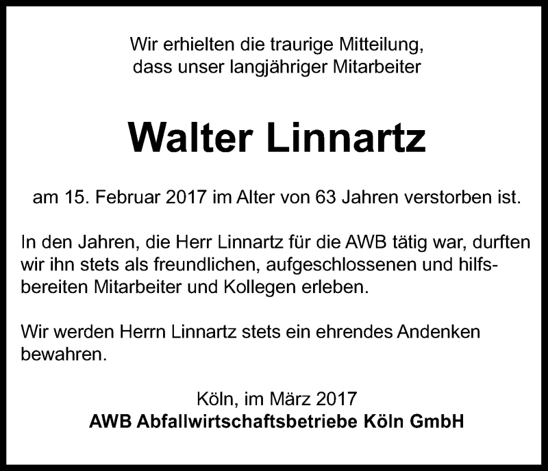  Traueranzeige für Walter Linnartz vom 11.03.2017 aus Kölner Stadt-Anzeiger / Kölnische Rundschau / Express