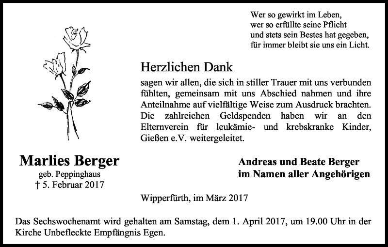  Traueranzeige für Marlies Berger vom 25.03.2017 aus Kölner Stadt-Anzeiger / Kölnische Rundschau / Express