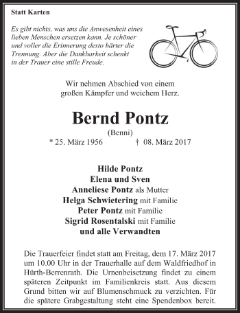Anzeige von Bernd Pontz von  Wochenende 
