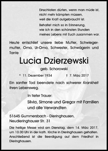 Anzeige von Lucia Dzierzewski von Kölner Stadt-Anzeiger / Kölnische Rundschau / Express