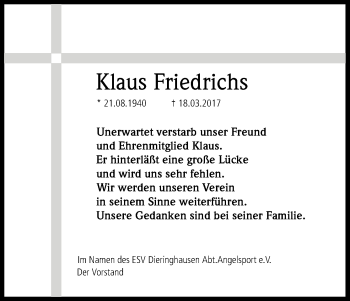 Anzeige von Klaus Friedrichs von Kölner Stadt-Anzeiger / Kölnische Rundschau / Express