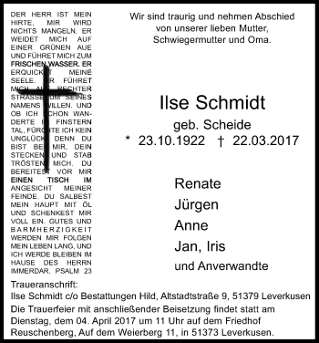 Anzeige von Ilse Schmidt von Kölner Stadt-Anzeiger / Kölnische Rundschau / Express