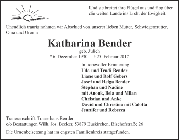 Anzeige von Katharina Bender von  Blickpunkt Euskirchen 
