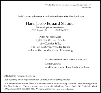 Anzeige von Hans Jacob Eduard Stauder von Kölner Stadt-Anzeiger / Kölnische Rundschau / Express