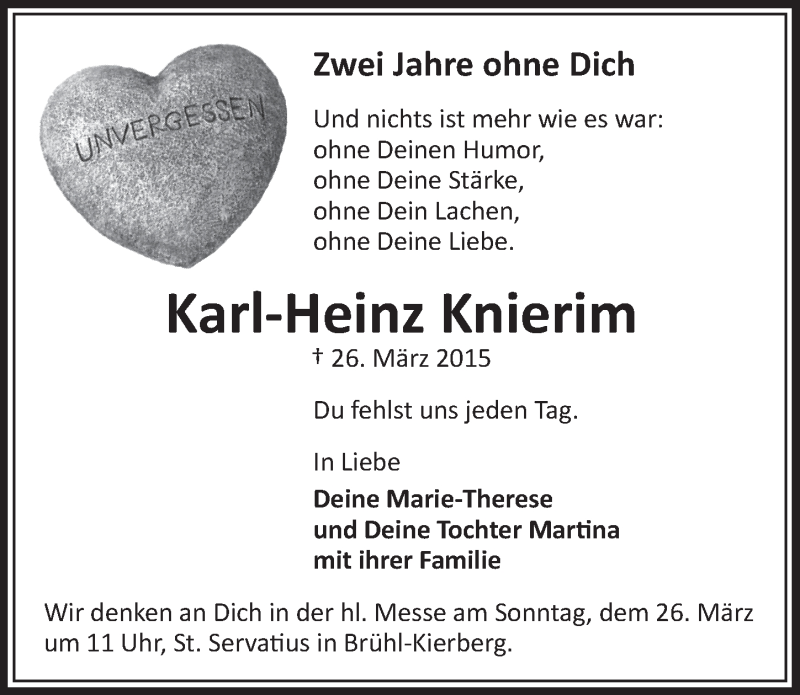  Traueranzeige für Karl-Heinz Knierim vom 22.03.2017 aus  Schlossbote/Werbekurier 