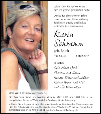 Anzeige von Karin Schramm von Kölner Stadt-Anzeiger / Kölnische Rundschau / Express