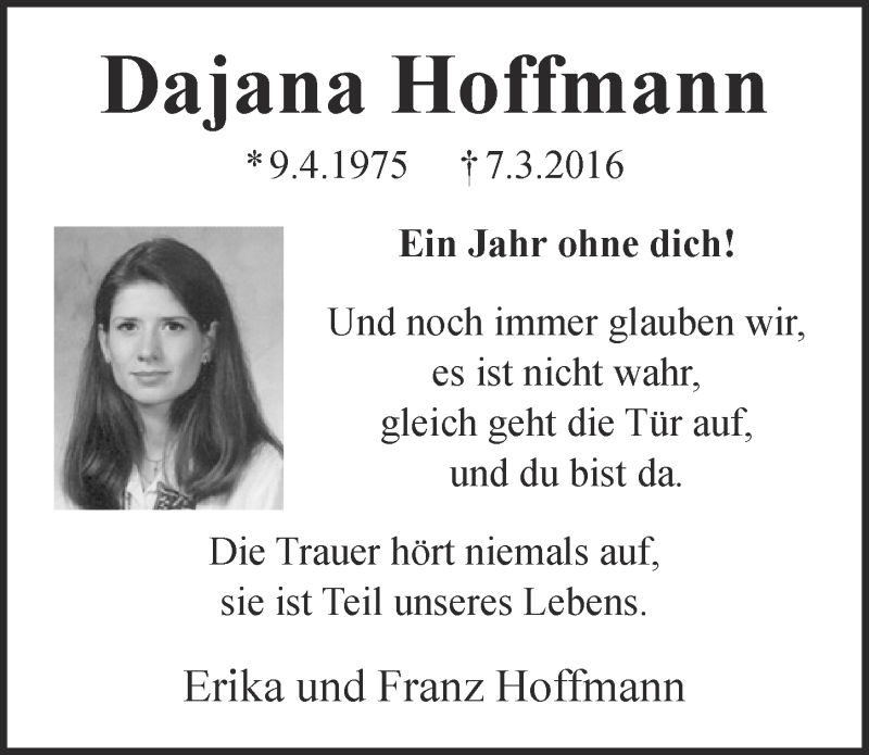  Traueranzeige für Dajana Hoffmann vom 08.03.2017 aus  Kölner Wochenspiegel 