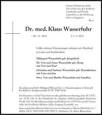 Anzeige von Klaus Wasserfuhr von Kölner Stadt-Anzeiger / Kölnische Rundschau / Express