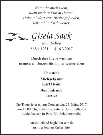 Anzeige von Gisela Sack von  Kölner Wochenspiegel 