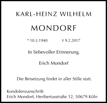 Anzeige von Karl-Heinz Wilhelm Mondorf von Kölner Stadt-Anzeiger / Kölnische Rundschau / Express