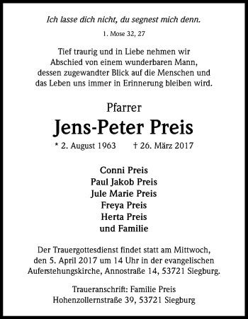 Anzeige von Jens-Peter Preis von Kölner Stadt-Anzeiger / Kölnische Rundschau / Express