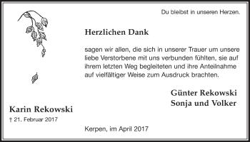 Anzeige von Karin Rekowski von  Sonntags-Post 