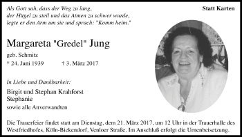 Anzeige von Margareta Jung von Kölner Stadt-Anzeiger / Kölnische Rundschau / Express