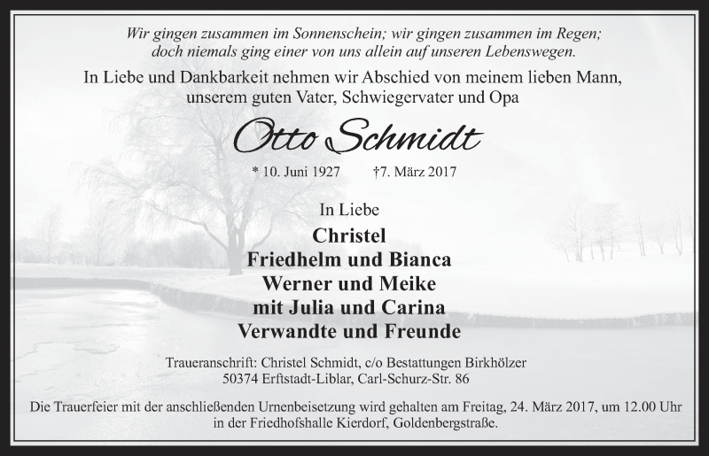  Traueranzeige für Otto Schmidt vom 22.03.2017 aus  Werbepost 
