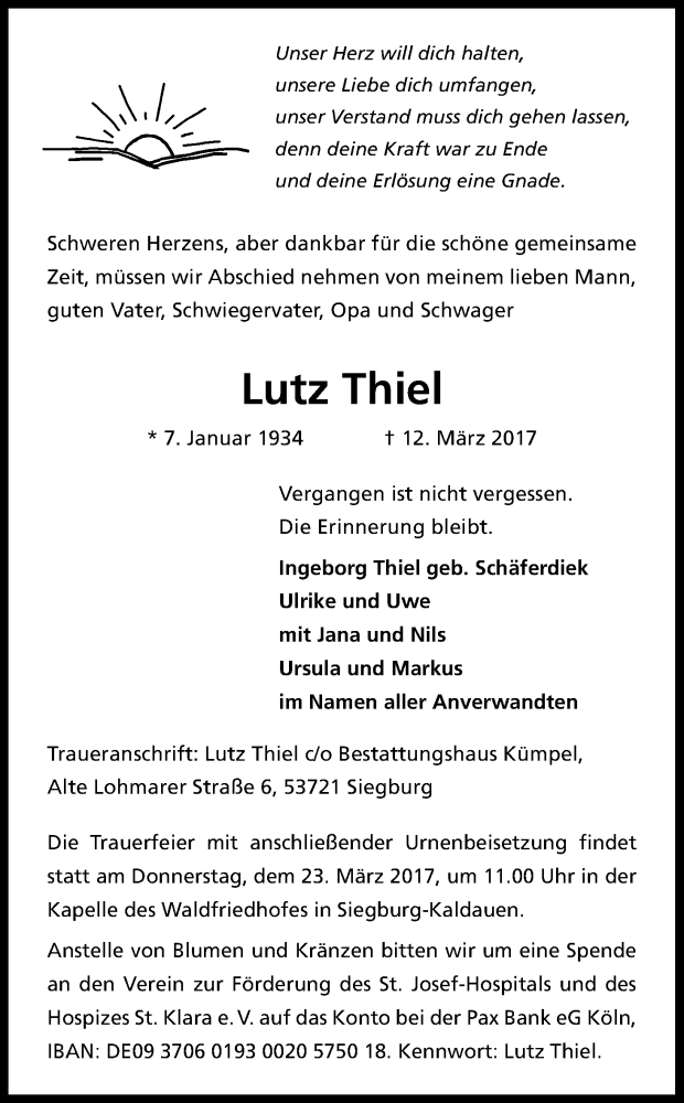  Traueranzeige für Lutz Thiel vom 18.03.2017 aus Kölner Stadt-Anzeiger / Kölnische Rundschau / Express