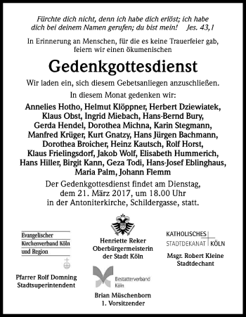 Anzeige von Gedenkgottesdienst  von Kölner Stadt-Anzeiger / Kölnische Rundschau / Express