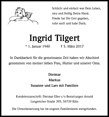 Anzeige von Ingrid Tilgert von Kölner Stadt-Anzeiger / Kölnische Rundschau / Express